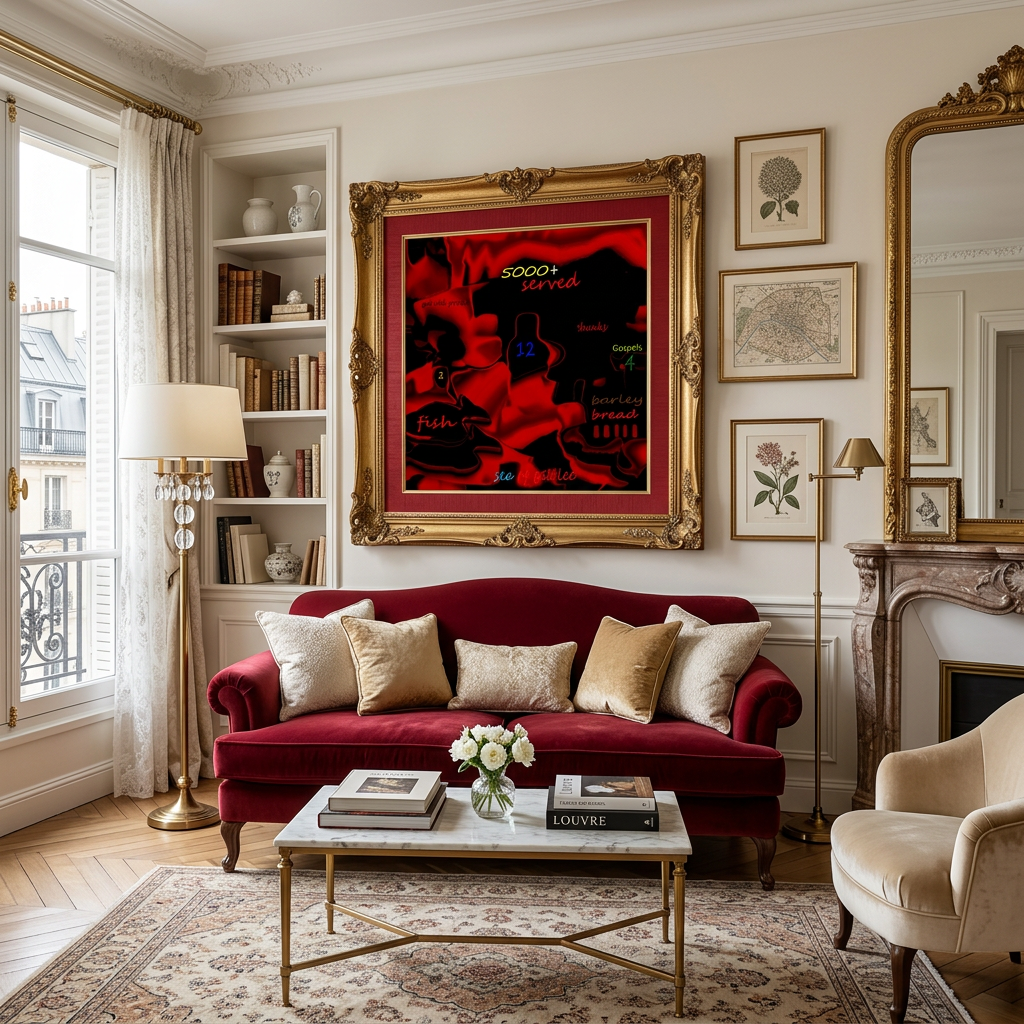 Luxurious living room with red sofa, gold-framed artwork, and decorative element