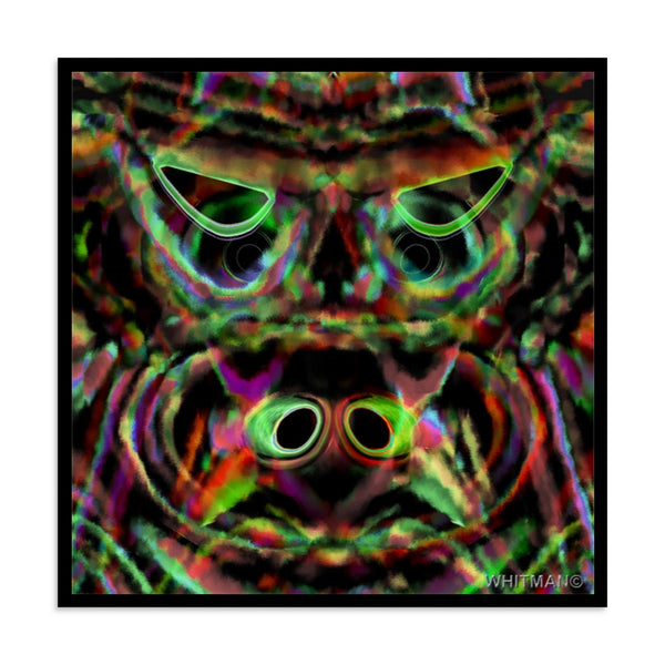 A square framed abstract art print featuring a symmetrical, psychedelic face-Bull design with neon green eyes and multicolored iridescent swirls on a black background. 