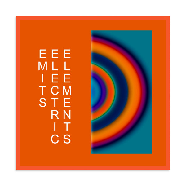 A square graphic print or poster with a bright orange border and background, featuring the word 'Emits Electric Elements" spelled vertically in white letters on the left and a multicolored concentric arc design on the right over a teal-blue field.