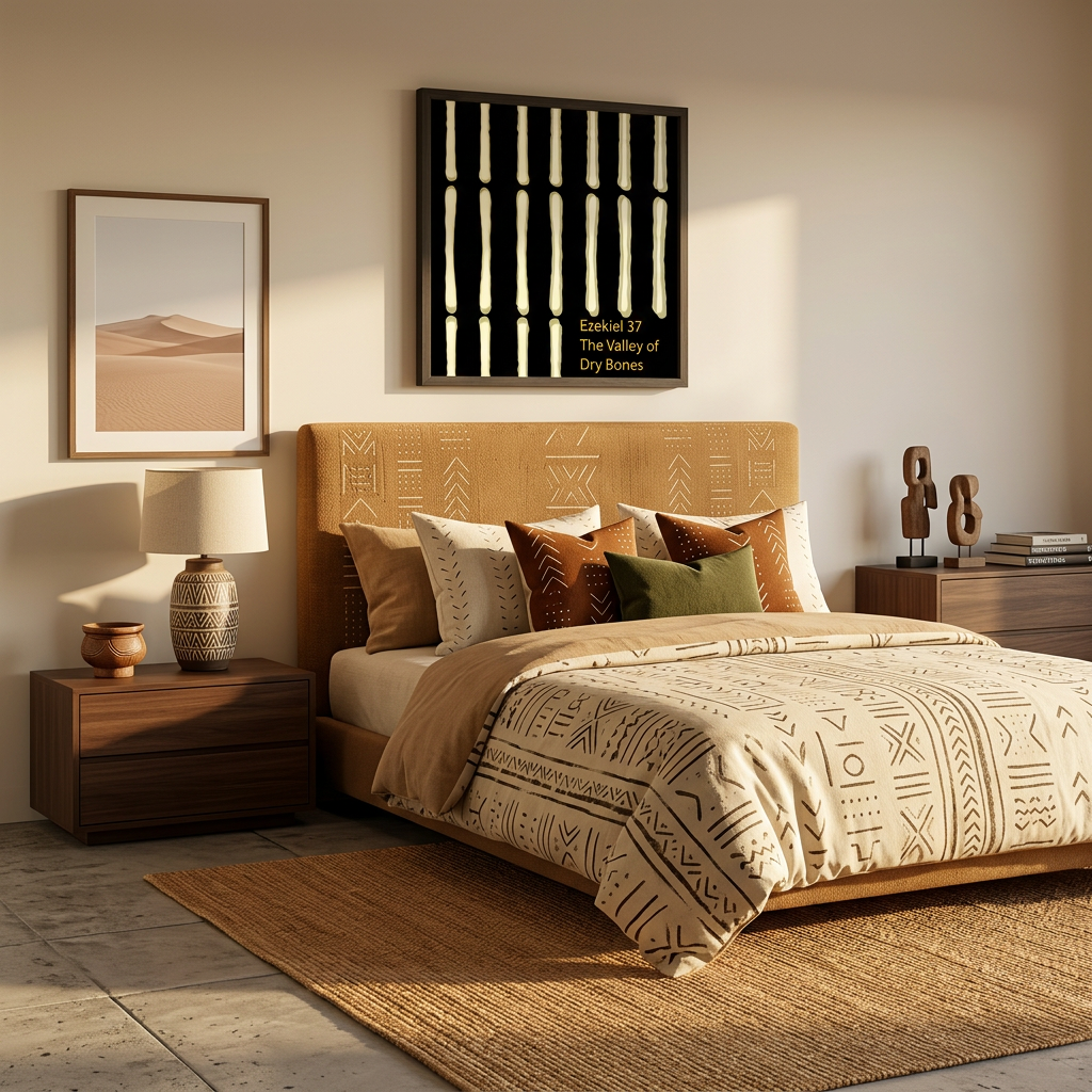 African designed bedroom with Christian wall art Valley of Dry Bones