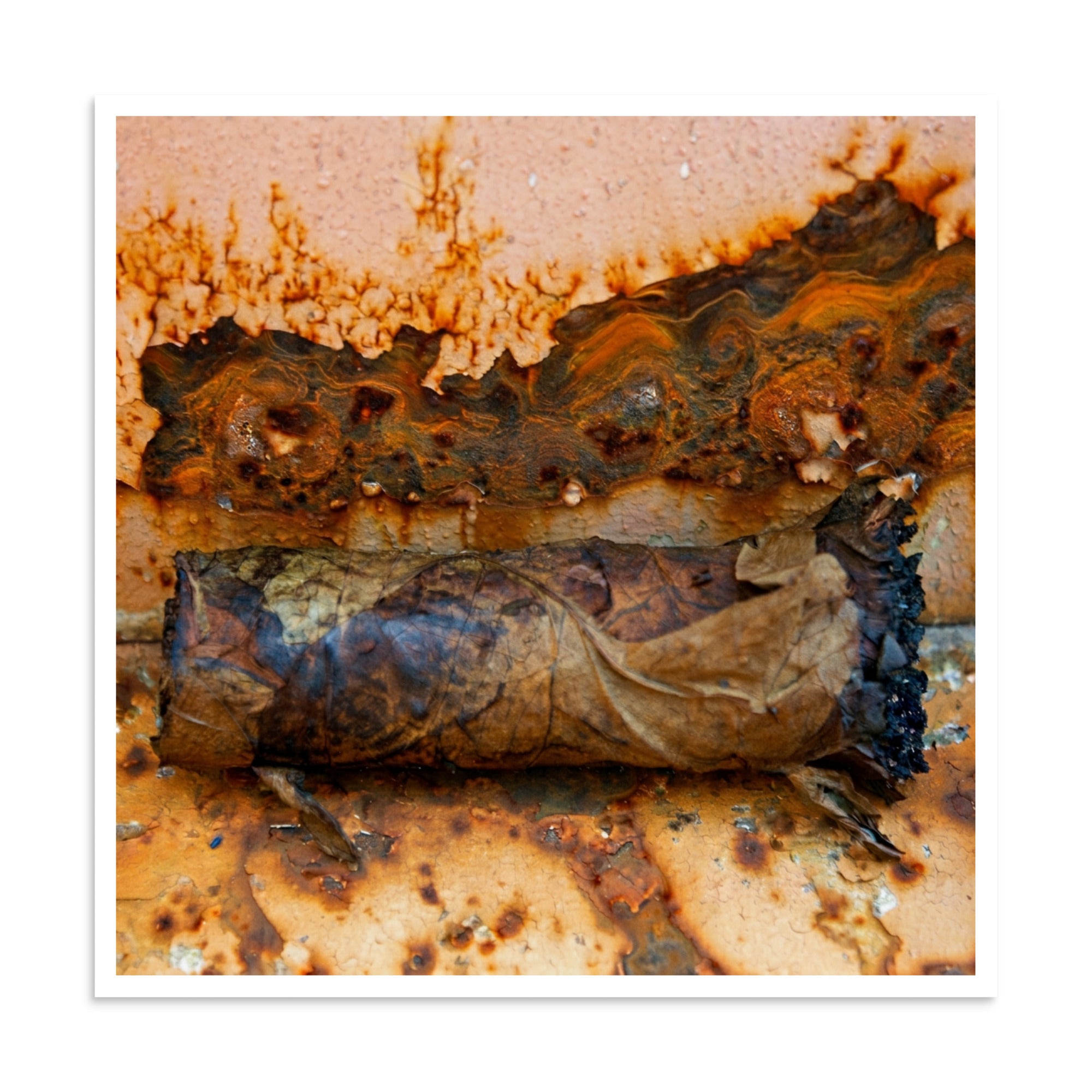 Close-up shot capturing a burned cigar resting across a rusted oxidized metal base, with intense texture, peeling paint, bubbling corrosion and charred black rust flakes.