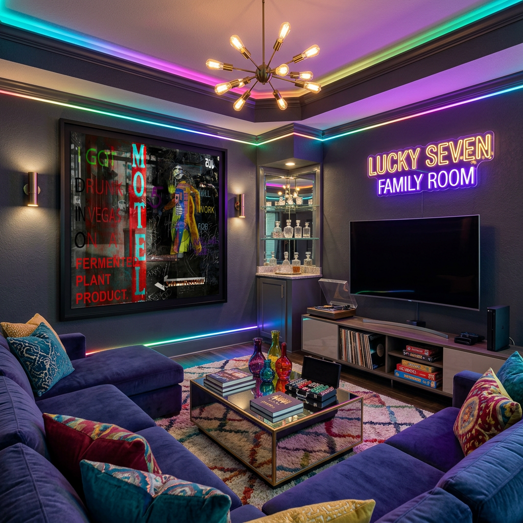 Modern living room with Las Vegas colorful decorative style interior design and Motel art print. 
