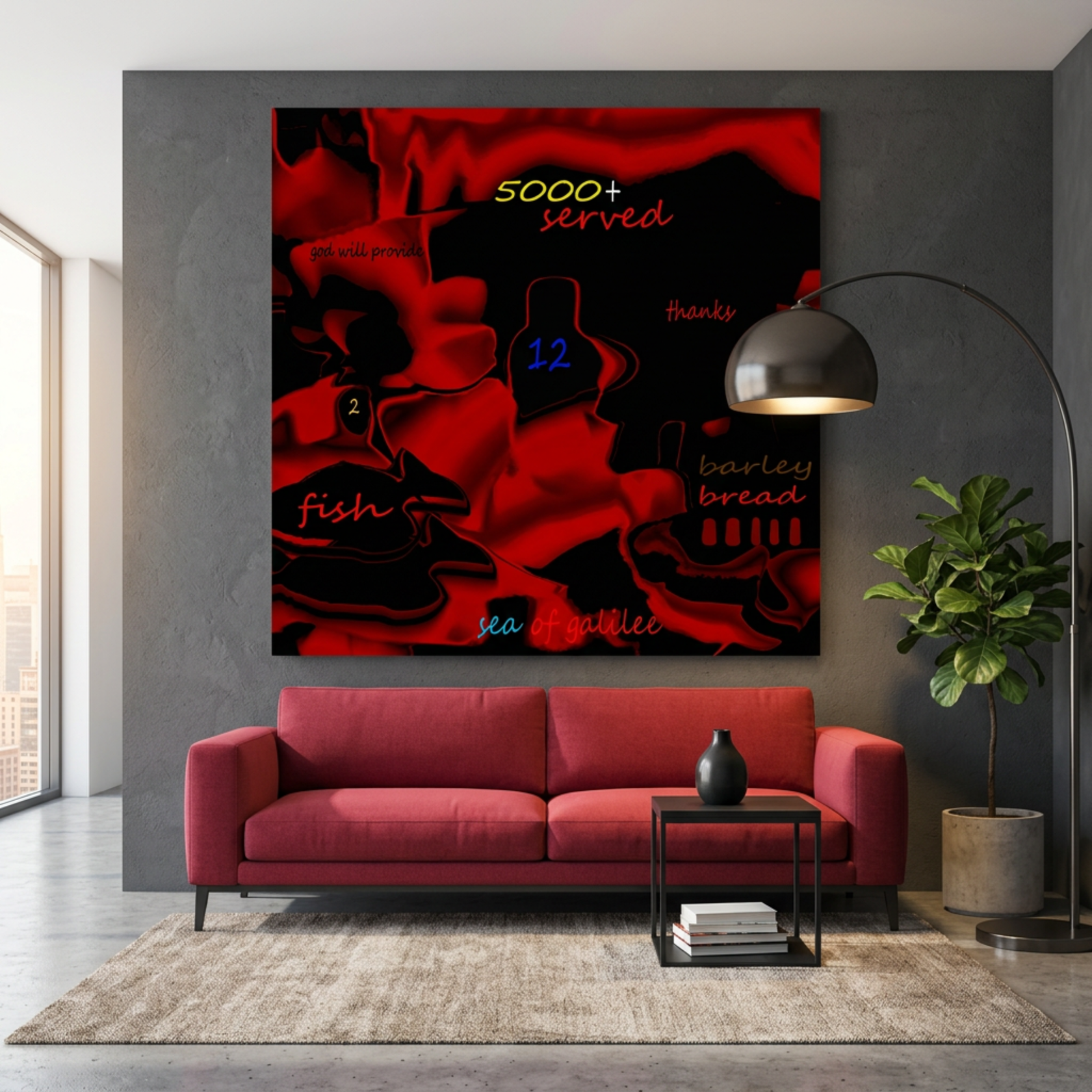 Modern living room with a red sofa, decorative plant, and a large abstract Christian red wall art Jesus feeding the 5000
