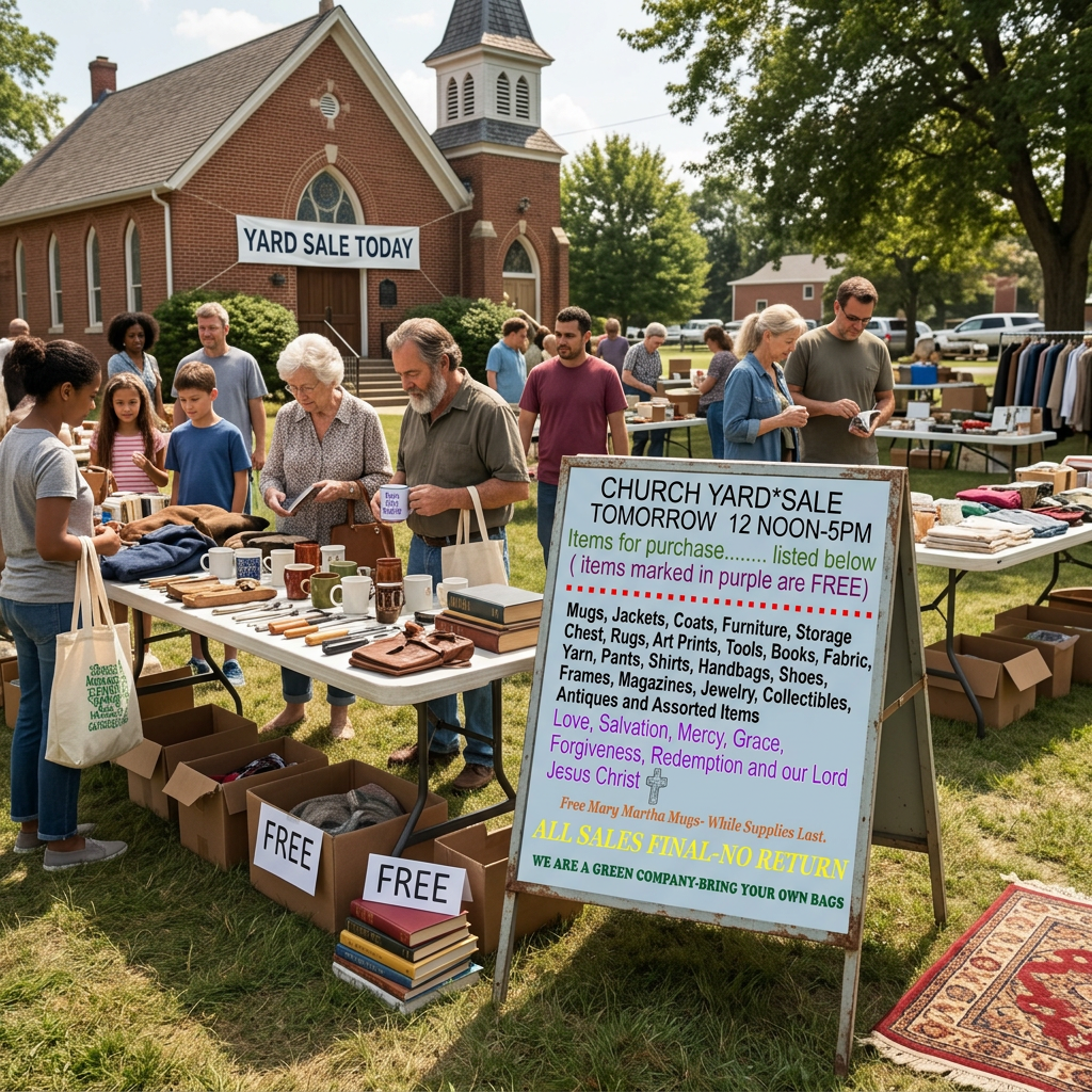 Church yard sale gathering with signage in front and people.