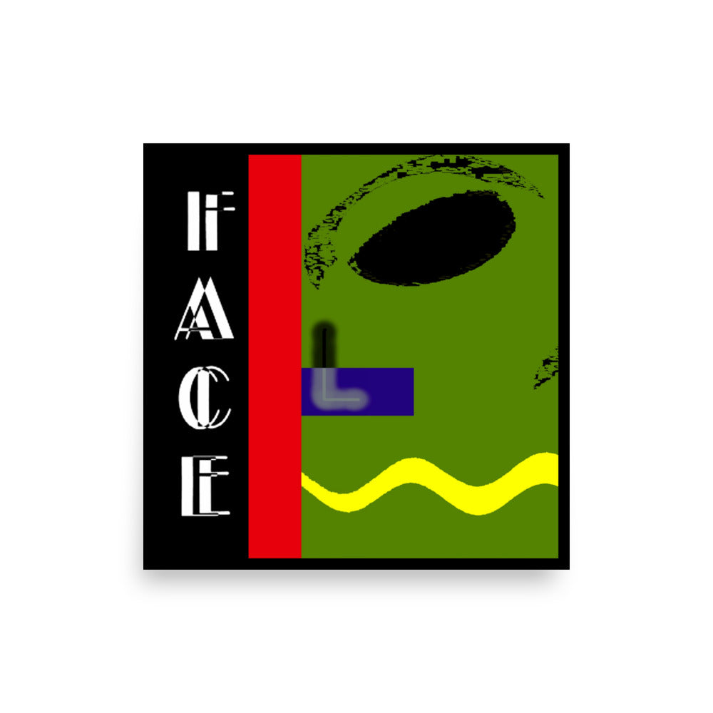 olive green abstract face print with red, yellow, black colors and white typography