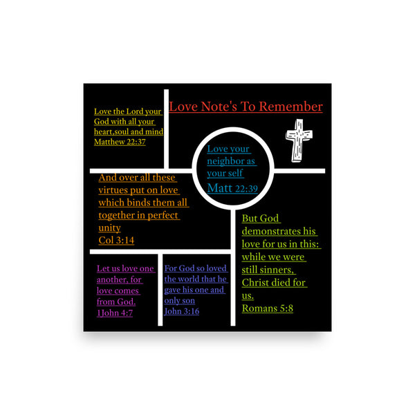 Bible scripture list of verses that teach about Gods love poster print. multicolor poster with cross.