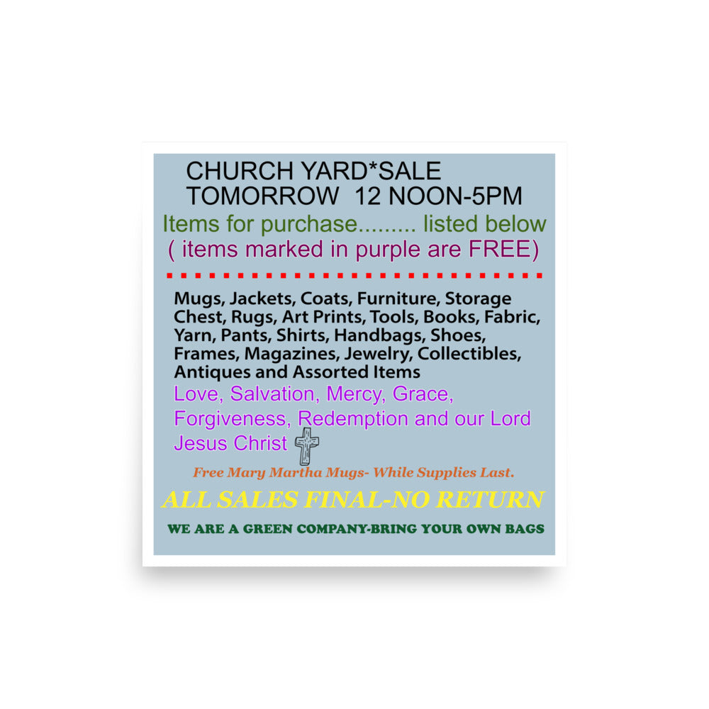 Blue background church yard sale noon to 5pm poster print multi color typography