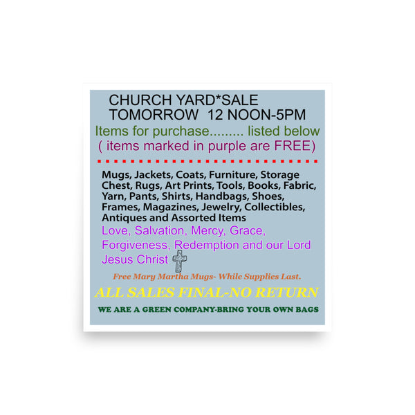 Blue background church yard sale noon to 5pm poster print multi color typography